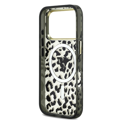 Apple iPhone 17 Pro Kılıf Guess Orjinal Lisanslı M-safe Şarj Özellikli Üçgen Logolu Simli Leopar Desenli Kapak