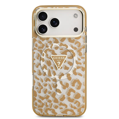 Apple iPhone 17 Pro Kılıf Guess Orjinal Lisanslı M-safe Şarj Özellikli Üçgen Logolu Simli Leopar Desenli Kapak