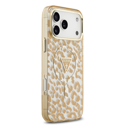 Apple iPhone 17 Pro Kılıf Guess Orjinal Lisanslı M-safe Şarj Özellikli Üçgen Logolu Simli Leopar Desenli Kapak