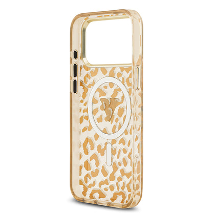 Apple iPhone 17 Pro Kılıf Guess Orjinal Lisanslı M-safe Şarj Özellikli Üçgen Logolu Simli Leopar Desenli Kapak