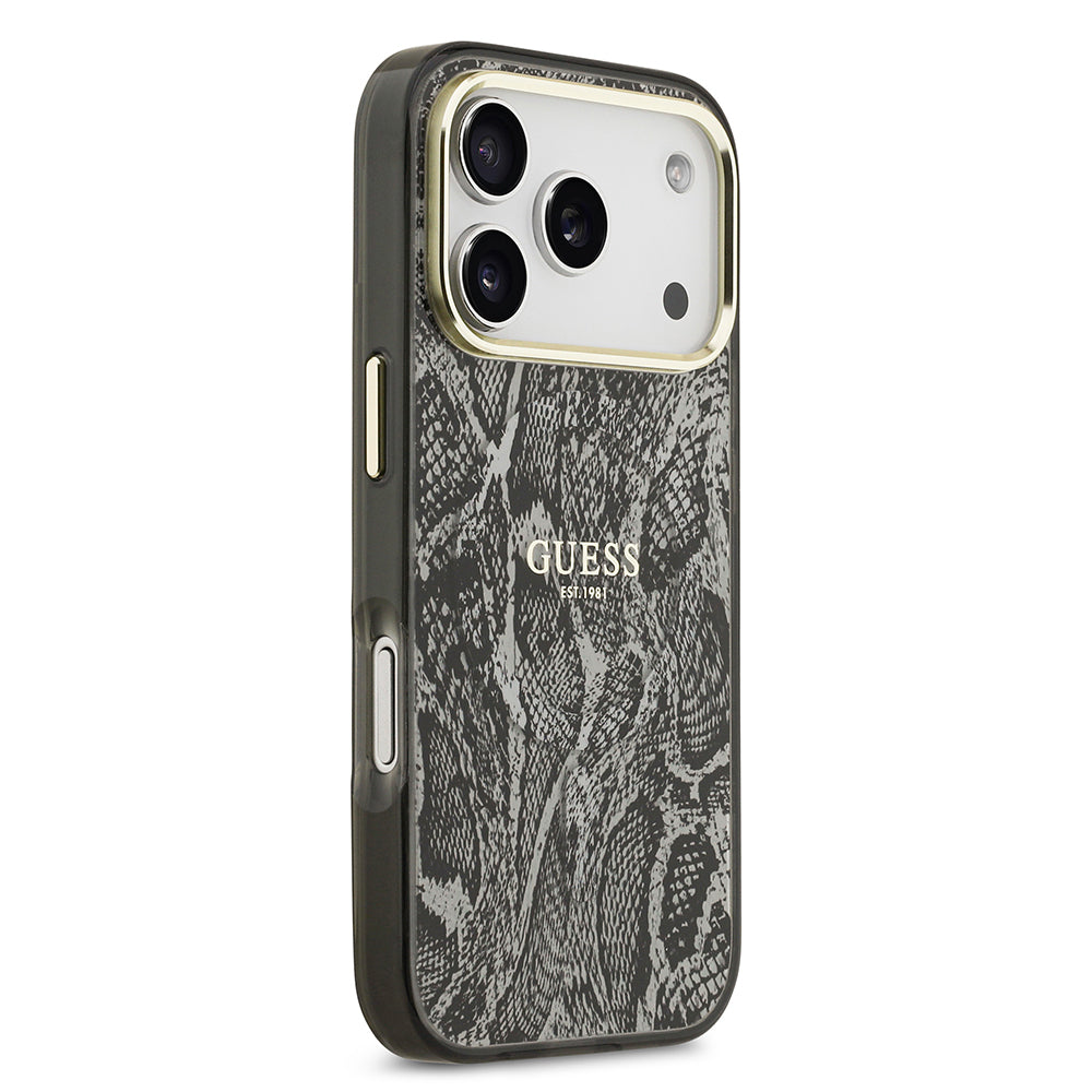 Apple iPhone 17 Pro Kılıf Guess Orjinal Lisanslı M-safe Şarj Özellikli Yazı Logolu Python Desenli Kapak