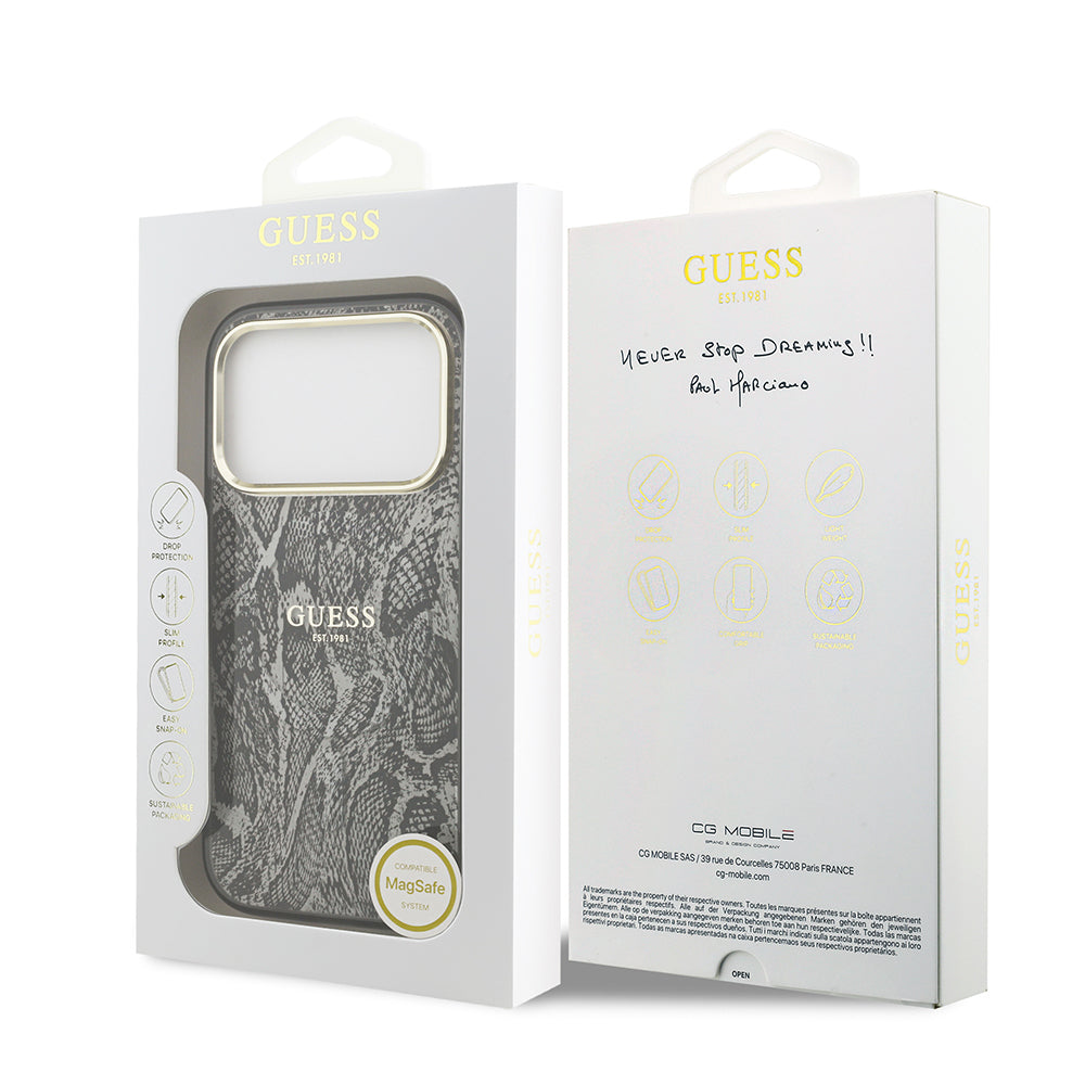 Apple iPhone 17 Pro Kılıf Guess Orjinal Lisanslı M-safe Şarj Özellikli Yazı Logolu Python Desenli Kapak