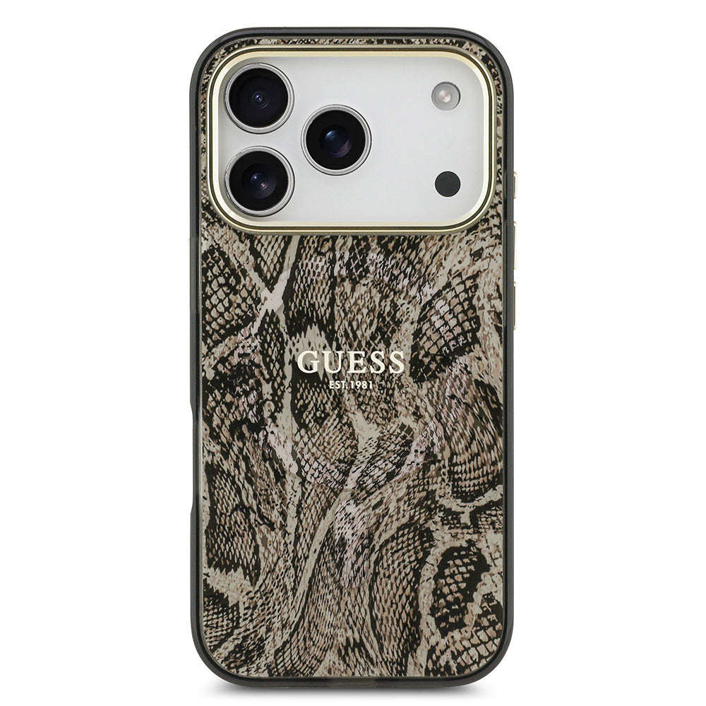 Apple iPhone 17 Pro Kılıf Guess Orjinal Lisanslı M-safe Şarj Özellikli Yazı Logolu Python Desenli Kapak