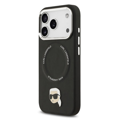 Apple iPhone 17 Pro Kılıf Karl Lagerfeld Orjinal Lisanslı M-safe Şarj Özellikli Metal Kamera ve Buton Tasarımlı Karl PU Deri Kapak