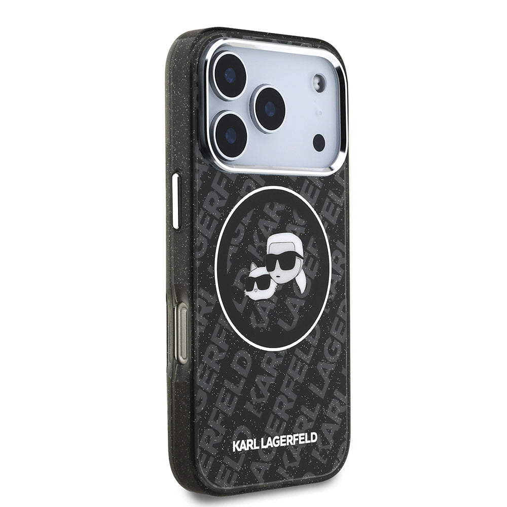 Apple iPhone 17 Pro Kılıf Karl Lagerfeld Orjinal Lisanslı Parlayan Simli Karl & Choupette Heads Kapak