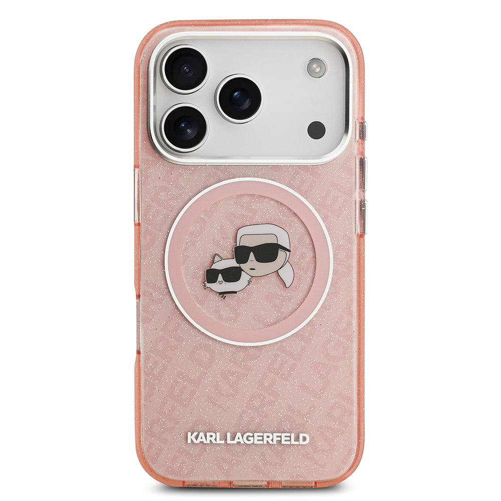 Apple iPhone 17 Pro Kılıf Karl Lagerfeld Orjinal Lisanslı Parlayan Simli Karl & Choupette Heads Kapak