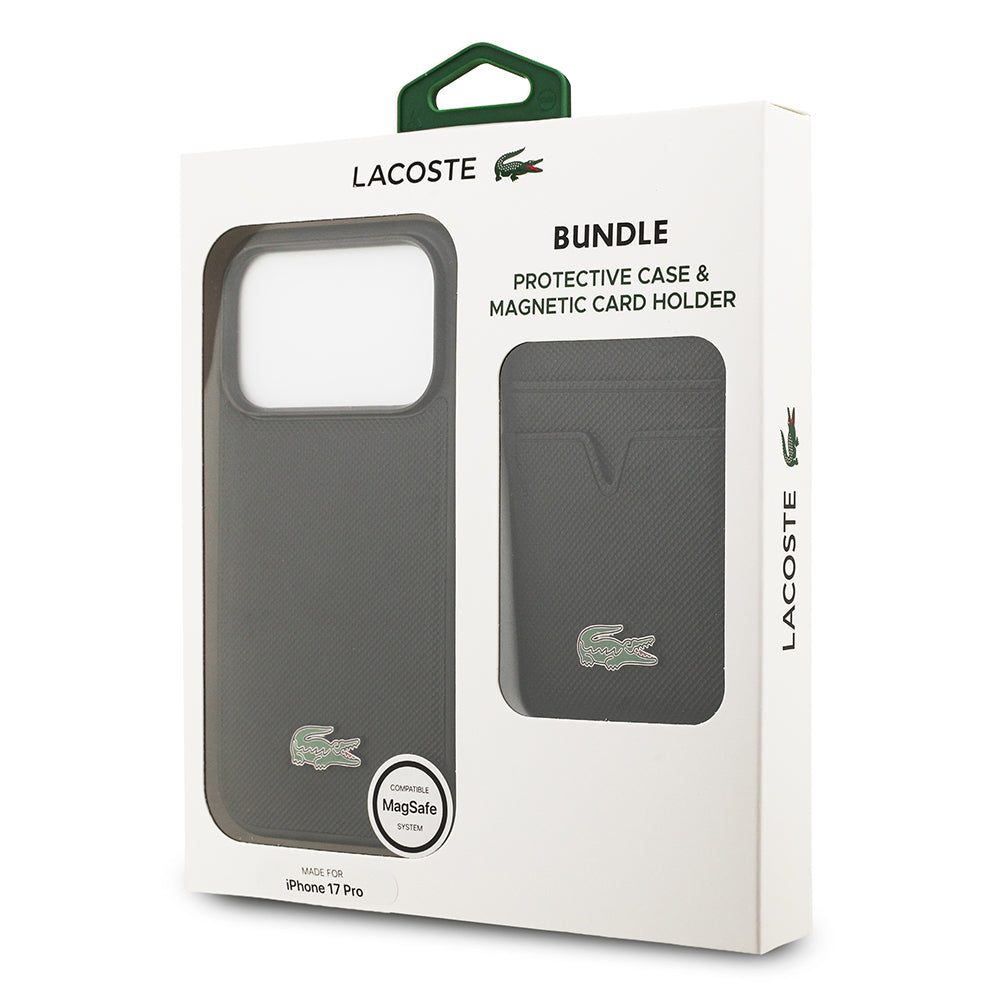 Apple iPhone 17 Pro Kılıf Lacoste Orjinal Lisanslı M-safe Şarj Özellikli PU Pike Desenli Metal Logolu Kartlıklı Kapak