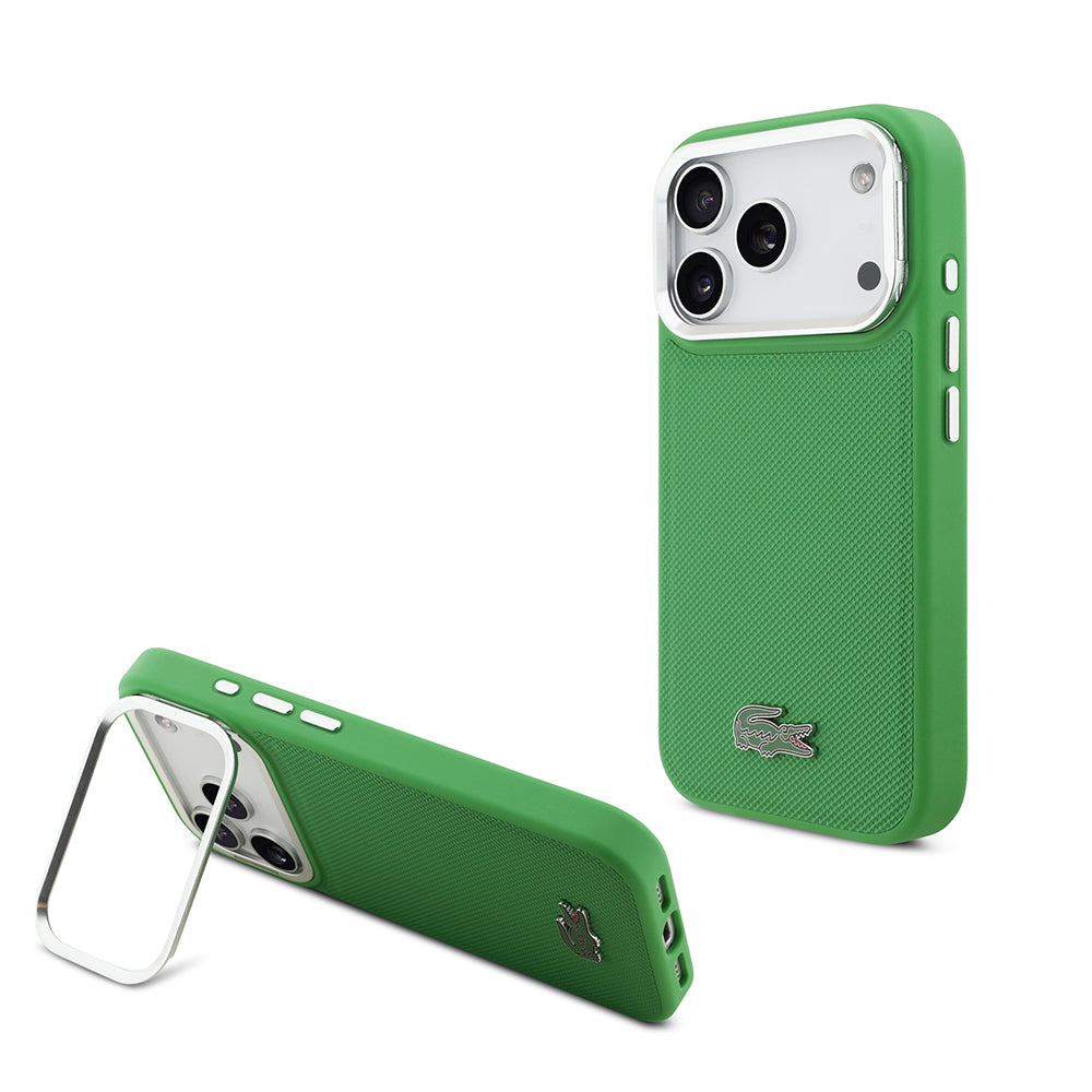 Apple iPhone 17 Pro Kılıf Lacoste Orjinal Lisanslı M-safe Şarj Özellikli PU Pike Desenli Standlı Metal Logolu Kapak