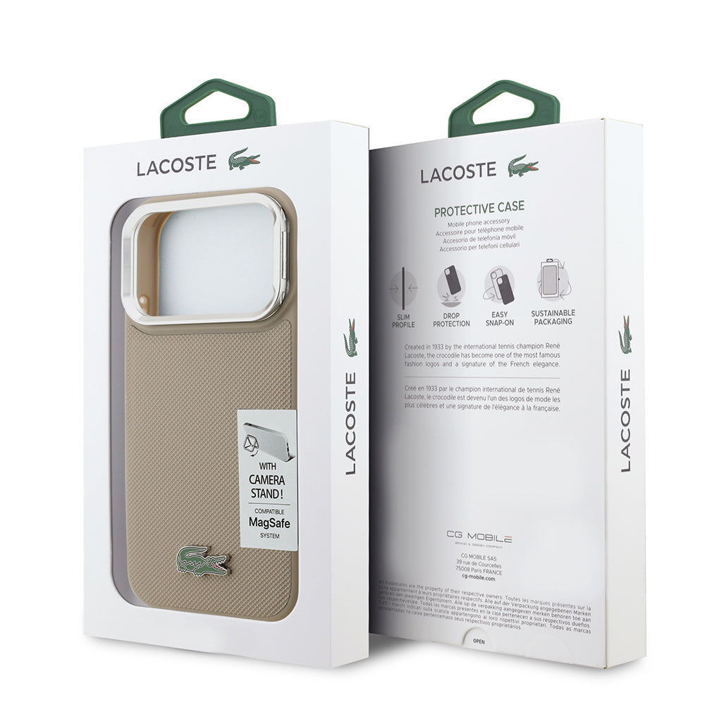 Apple iPhone 17 Pro Kılıf Lacoste Orjinal Lisanslı M-safe Şarj Özellikli PU Pike Desenli Standlı Metal Logolu Kapak