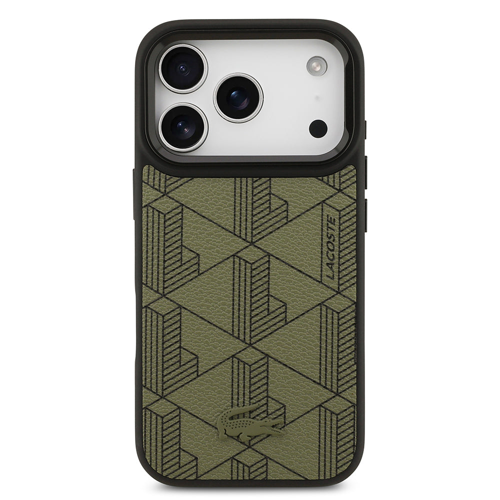 Apple iPhone 17 Pro Kılıf Lacoste Orjinal Lisanslı M-safe Şarj Özellikli Standlı PU Deri Karışık Monogram Desenli Kapak