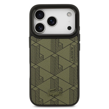 Apple iPhone 17 Pro Kılıf Lacoste Orjinal Lisanslı M-safe Şarj Özellikli Standlı PU Deri Karışık Monogram Desenli Kapak