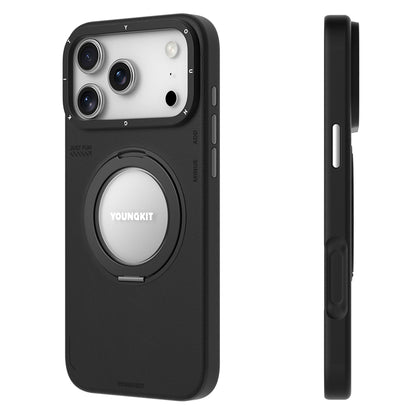 Apple iPhone 17 Pro Kılıf M-safe Şarj Özellikli 360 Derece Standlı Basit Mat Deri Desenli Youngkit Tech Leather Serisi Kapak