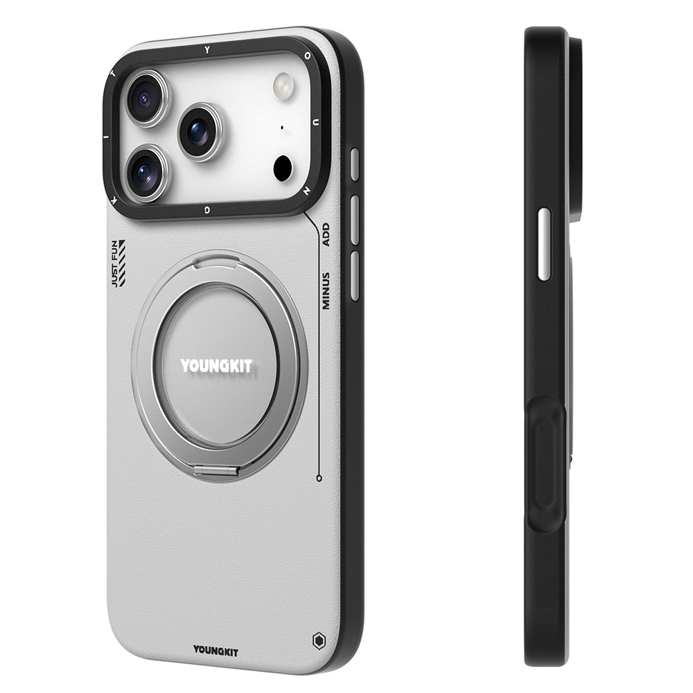 Apple iPhone 17 Pro Kılıf M-safe Şarj Özellikli 360 Derece Standlı Basit Mat Deri Desenli Youngkit Tech Leather Serisi Kapak