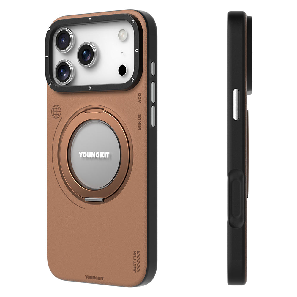 Apple iPhone 17 Pro Kılıf M-safe Şarj Özellikli 360 Derece Standlı Basit Mat Deri Desenli Youngkit Tech Leather Serisi Kapak