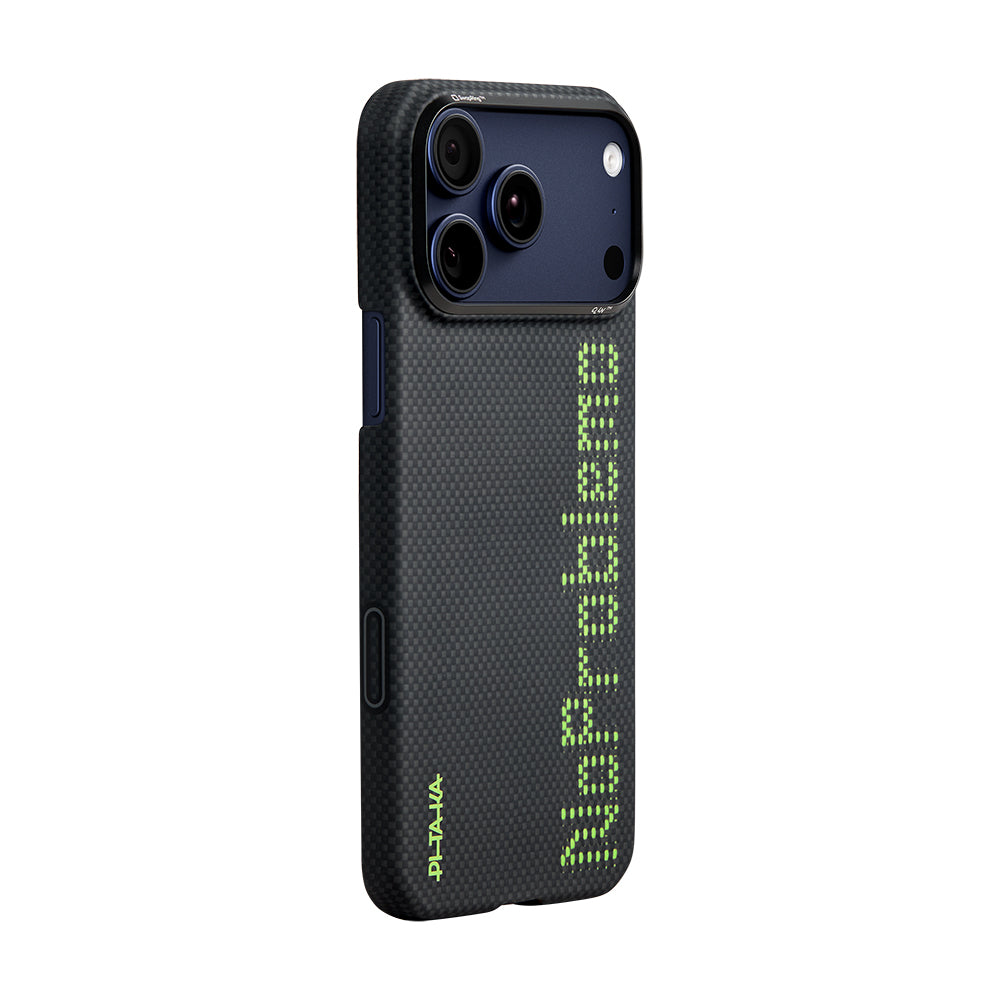 Apple iPhone 17 Pro Kılıf M-safe Şarj Özellikli Lumintex Teknolojili Fosforlu Aramid Fiber Pitaka Tactile Woven Aries Serisi Kapak