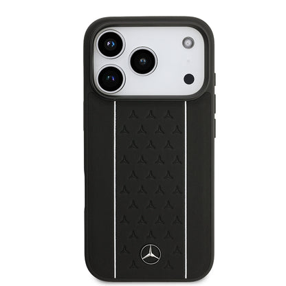 Apple iPhone 17 Pro Kılıf Mercedes Benz Orjinal Lisanslı M-safe Şarj Özellikli Şeritli Yıldız Desenli Metal Logolu Deri Kapak