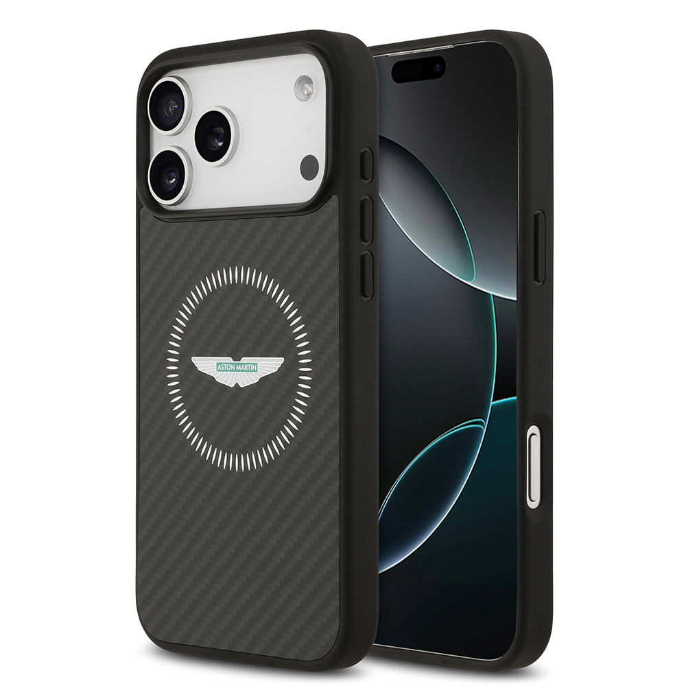 Apple iPhone 17 Pro Max Kılıf Aston Martin Orjinal Lisanslı M-safe Şarj Özellikli Karbon Fiber Kapak