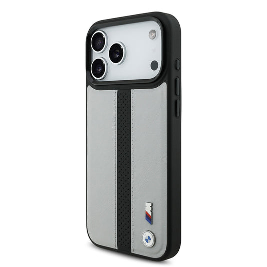 Apple iPhone 17 Pro Max Kılıf BMW Orjinal Lisanslı M-safe Şarj Özellikli Deri Arka Yüzey Metal Logolu Delikli Şerit Tasarımlı Kapak