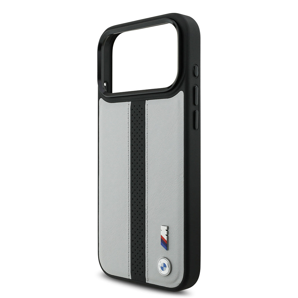 Apple iPhone 17 Pro Max Kılıf BMW Orjinal Lisanslı M-safe Şarj Özellikli Deri Arka Yüzey Metal Logolu Delikli Şerit Tasarımlı Kapak