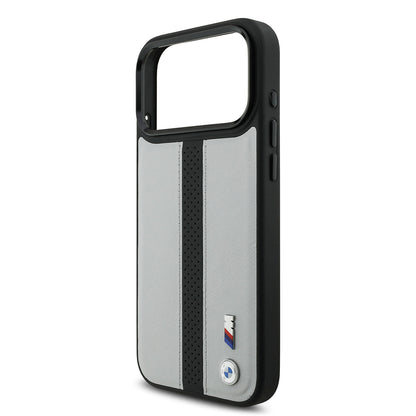 Apple iPhone 17 Pro Max Kılıf BMW Orjinal Lisanslı M-safe Şarj Özellikli Deri Arka Yüzey Metal Logolu Delikli Şerit Tasarımlı Kapak
