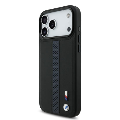 Apple iPhone 17 Pro Max Kılıf BMW Orjinal Lisanslı M-safe Şarj Özellikli Deri Arka Yüzey Metal Logolu Delikli Şerit Tasarımlı Kapak