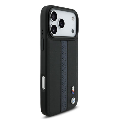 Apple iPhone 17 Pro Max Kılıf BMW Orjinal Lisanslı M-safe Şarj Özellikli Deri Arka Yüzey Metal Logolu Delikli Şerit Tasarımlı Kapak