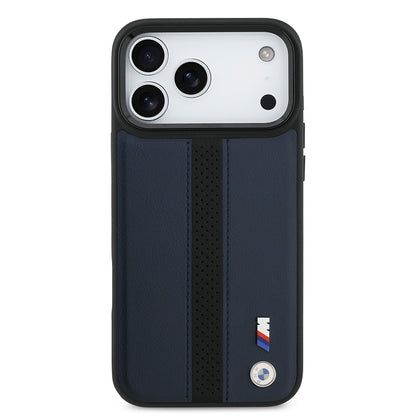 Apple iPhone 17 Pro Max Kılıf BMW Orjinal Lisanslı M-safe Şarj Özellikli Deri Arka Yüzey Metal Logolu Delikli Şerit Tasarımlı Kapak