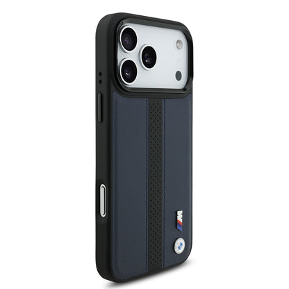 Apple iPhone 17 Pro Max Kılıf BMW Orjinal Lisanslı M-safe Şarj Özellikli Deri Arka Yüzey Metal Logolu Delikli Şerit Tasarımlı Kapak