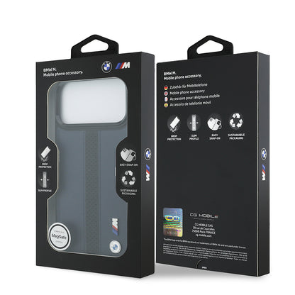 Apple iPhone 17 Pro Max Kılıf BMW Orjinal Lisanslı M-safe Şarj Özellikli Deri Arka Yüzey Metal Logolu Delikli Şerit Tasarımlı Kapak
