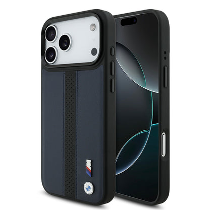 Apple iPhone 17 Pro Max Kılıf BMW Orjinal Lisanslı M-safe Şarj Özellikli Deri Arka Yüzey Metal Logolu Delikli Şerit Tasarımlı Kapak