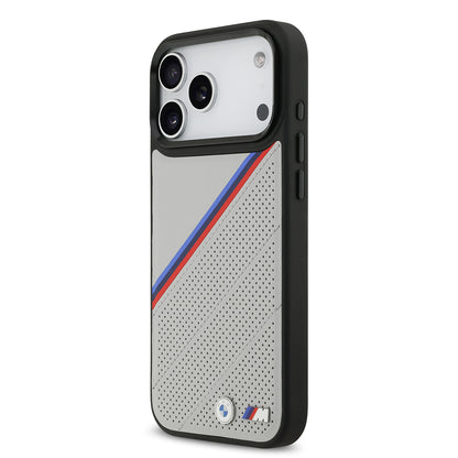Apple iPhone 17 Pro Max Kılıf BMW Orjinal Lisanslı M-safe Şarj Özellikli M Logolu Üç Şeritli Delikli Deri Kapak