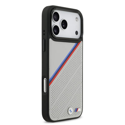 Apple iPhone 17 Pro Max Kılıf BMW Orjinal Lisanslı M-safe Şarj Özellikli M Logolu Üç Şeritli Delikli Deri Kapak