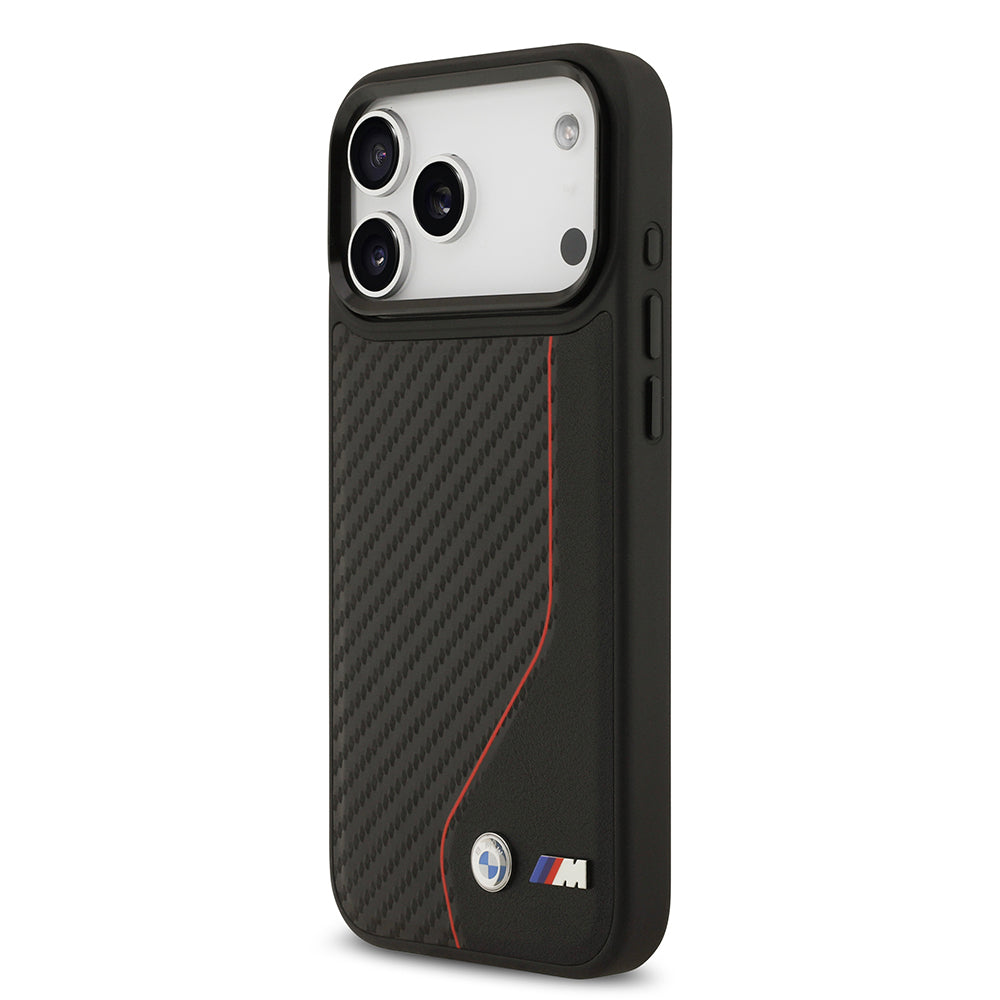 Apple iPhone 17 Pro Max Kılıf BMW Orjinal Lisanslı M-safe Şarj Özellikli Metal BMW ve M Logolu PU Karbon Tasarımlı Kapak