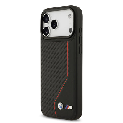 Apple iPhone 17 Pro Max Kılıf BMW Orjinal Lisanslı M-safe Şarj Özellikli Metal BMW ve M Logolu PU Karbon Tasarımlı Kapak