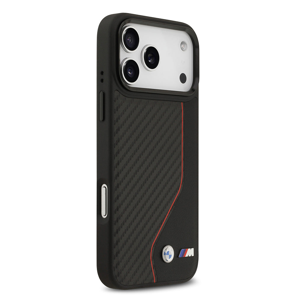 Apple iPhone 17 Pro Max Kılıf BMW Orjinal Lisanslı M-safe Şarj Özellikli Metal BMW ve M Logolu PU Karbon Tasarımlı Kapak