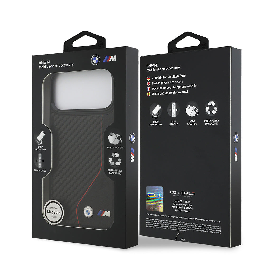 Apple iPhone 17 Pro Max Kılıf BMW Orjinal Lisanslı M-safe Şarj Özellikli Metal BMW ve M Logolu PU Karbon Tasarımlı Kapak