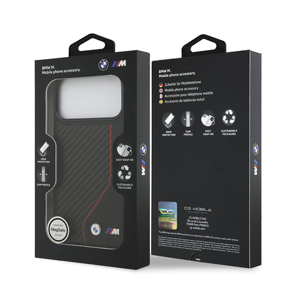 Apple iPhone 17 Pro Max Kılıf BMW Orjinal Lisanslı M-safe Şarj Özellikli Metal BMW ve M Logolu PU Karbon Tasarımlı Kapak