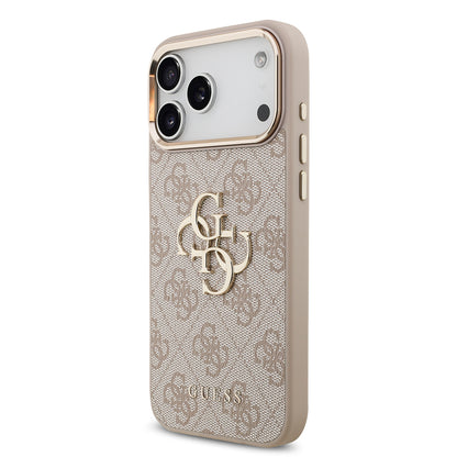 Apple iPhone 17 Pro Max Kılıf Guess Orjinal Lisanslı Gold Metal Kamera Çerçeveli 4G Desenli Metal Büyük 4G ve Yazı Logolu Kapak