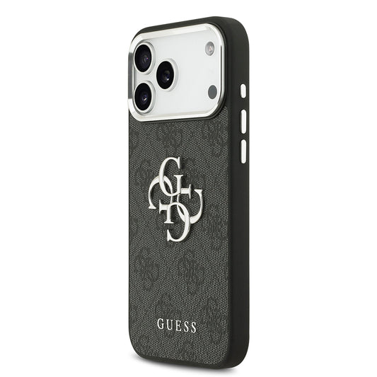 Apple iPhone 17 Pro Max Kılıf Guess Orjinal Lisanslı Gümüş Metal Kamera Çerçeveli 4G Desenli Metal Büyük 4G ve Yazı Logolu Kapak