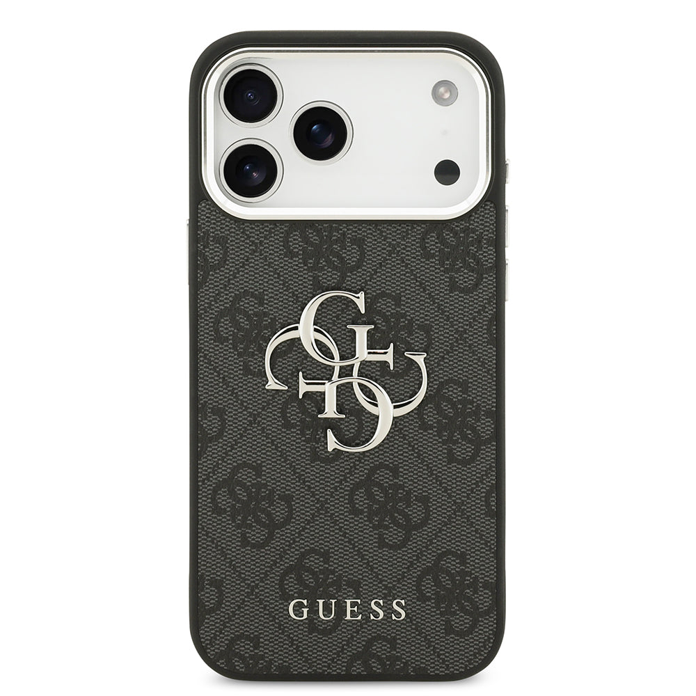 Apple iPhone 17 Pro Max Kılıf Guess Orjinal Lisanslı Gümüş Metal Kamera Çerçeveli 4G Desenli Metal Büyük 4G ve Yazı Logolu Kapak