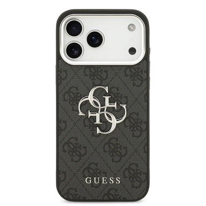 Apple iPhone 17 Pro Max Kılıf Guess Orjinal Lisanslı Gümüş Metal Kamera Çerçeveli 4G Desenli Metal Büyük 4G ve Yazı Logolu Kapak