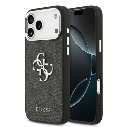 Apple iPhone 17 Pro Max Kılıf Guess Orjinal Lisanslı Gümüş Metal Kamera Çerçeveli 4G Desenli Metal Büyük 4G ve Yazı Logolu Kapak
