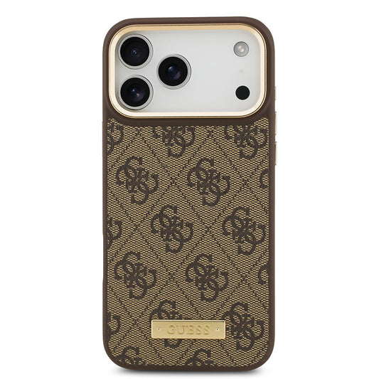 Apple iPhone 17 Pro Max Kılıf Guess Orjinal Lisanslı M-safe Şarj Özellikli 4G Desenli PU Metal Plaka Klasik Logolu Kapak