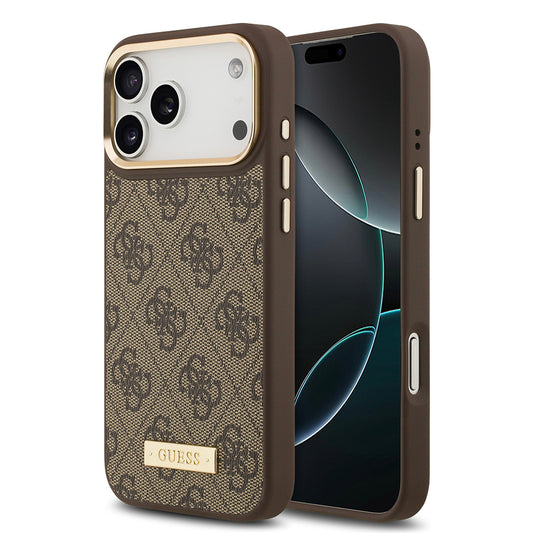Apple iPhone 17 Pro Max Kılıf Guess Orjinal Lisanslı M-safe Şarj Özellikli 4G Desenli PU Metal Plaka Klasik Logolu Kapak