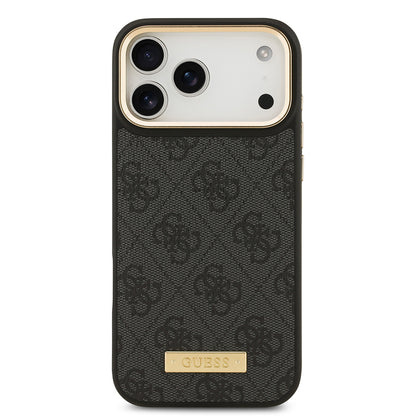 Apple iPhone 17 Pro Max Kılıf Guess Orjinal Lisanslı M-safe Şarj Özellikli 4G Desenli PU Metal Plaka Klasik Logolu Kapak