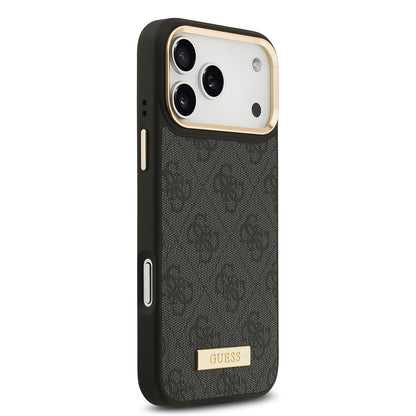 Apple iPhone 17 Pro Max Kılıf Guess Orjinal Lisanslı M-safe Şarj Özellikli 4G Desenli PU Metal Plaka Klasik Logolu Kapak