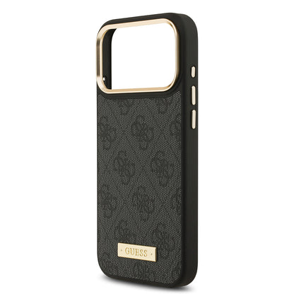 Apple iPhone 17 Pro Max Kılıf Guess Orjinal Lisanslı M-safe Şarj Özellikli 4G Desenli PU Metal Plaka Klasik Logolu Kapak