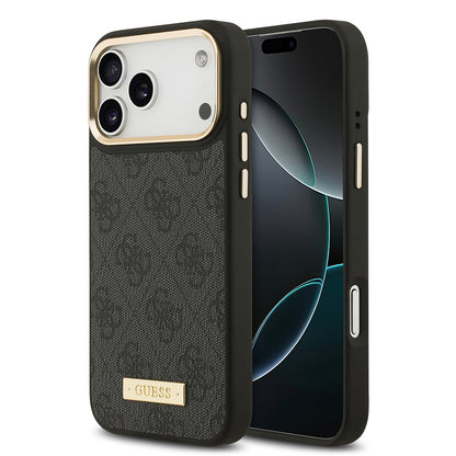 Apple iPhone 17 Pro Max Kılıf Guess Orjinal Lisanslı M-safe Şarj Özellikli 4G Desenli PU Metal Plaka Klasik Logolu Kapak