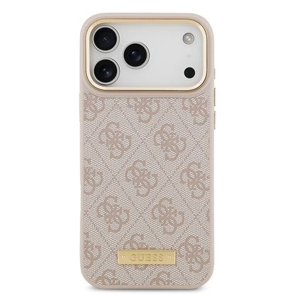 Apple iPhone 17 Pro Max Kılıf Guess Orjinal Lisanslı M-safe Şarj Özellikli 4G Desenli PU Metal Plaka Klasik Logolu Kapak