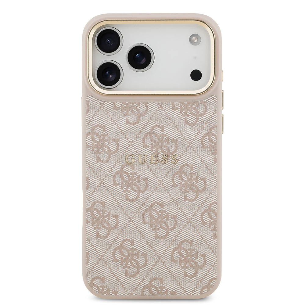 Apple iPhone 17 Pro Max Kılıf Guess Orjinal Lisanslı M-safe Şarj Özellikli Gold Metal Kamera Çerçeveli PU Deri 4G Desenli Yazı Logolu Kapak
